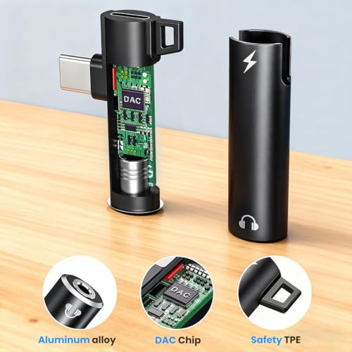 Image of Verilux 2 in 1 Type C to Type C & 3.5mm Jack Audio Adapter, USB C Male to Female Charging Adapter, Right Angle Design, Travel Compact