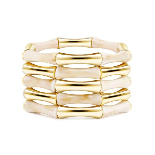 Gold Tube Bangle Bracelets for Women Stackable Bamboo Chunky Acrylic Beads Stretch Friendship Summer Beach Bracelet Jewelry