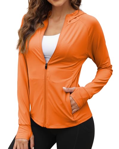 We1Fit Womens UPF 50+ Sun Protection Jacket Hooded Zip Up SPF Shirts Long Sleeves Orange