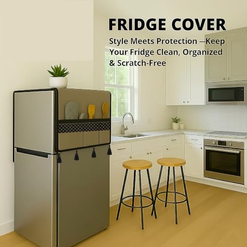 Image of Refrigerator Single Door Waterproof, Dustproof, Tassel Lace Refrigerator Top Cover, Protective Cover for Fridges with Extra Storage Space Nylon Top cover with 6 Storage Pockets ( Golden, 130 x 54 cm )