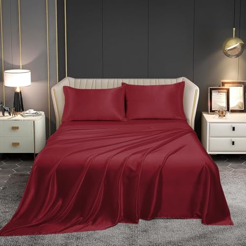 Image of Homestan Satin Bedsheet for King Size Bed with 2 Pillow Covers, Modern Bed Sheet for Romantic Nights(100x108 inches, Crimson Red)