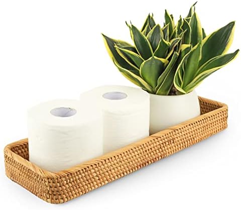 CELEZAR Rattan Toilet Tank Basket Woven Guest Towel Holder Decorative Wicker Tray 17" x 6" x 2" for Serving Bread or Shelves Bathroom Counter Organizers and Storage (17 x 6 x 2 inches, Honey Brown)