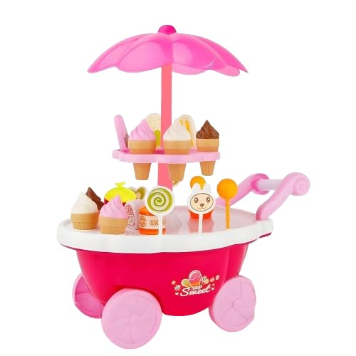 Image of DIY Miniature Home Kitchen Set with LED Light, Openable Dust Cover & Movable Accessories - 102 PCS Creative Dollhouse Kit for Kids & Collectors (8+) (Ice Cream Cart)