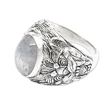 NOVICA Artisan Handmade Men's Rainbow Moonstone Ring | .925 Sterling Silver | Clear Domed Single Stone | Indonesia Animal Theme | Wild Cat 'Lion' | 0.8' W x 0.4' D | Size S