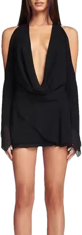 Women's Temperament Spicy Girl Deep V Low Neck Strapless Party Dress Long Sleeved Hanging Neck Lace Up Dress