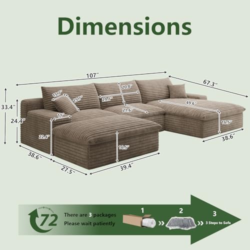 Image of 107 inch Cloud Couch Modular Sectional Sofa for Living Room, U-Shape Boneless Couch with Deep Seat, Modern Corduroy 3-Seater with Ottoman, No Assembly Required (Camel,Right-Facing Chaise)