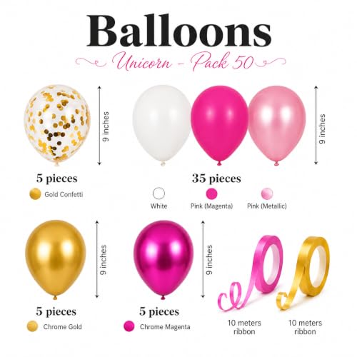 Image of AMFIN (Pack of 50) Unicorn Theme Birthday Decoration Kit Metallic Finish Women Girls Item Pink Multi Head Rainbow Confetti Chrome Latex Balloons