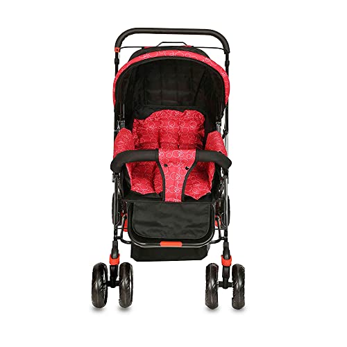Image of Pop Pop Baby Pram & Stroller with Reversible Handle, Mosquito Net, Mother Bag, Multiple Reclining and Wheels with Brake (Red)