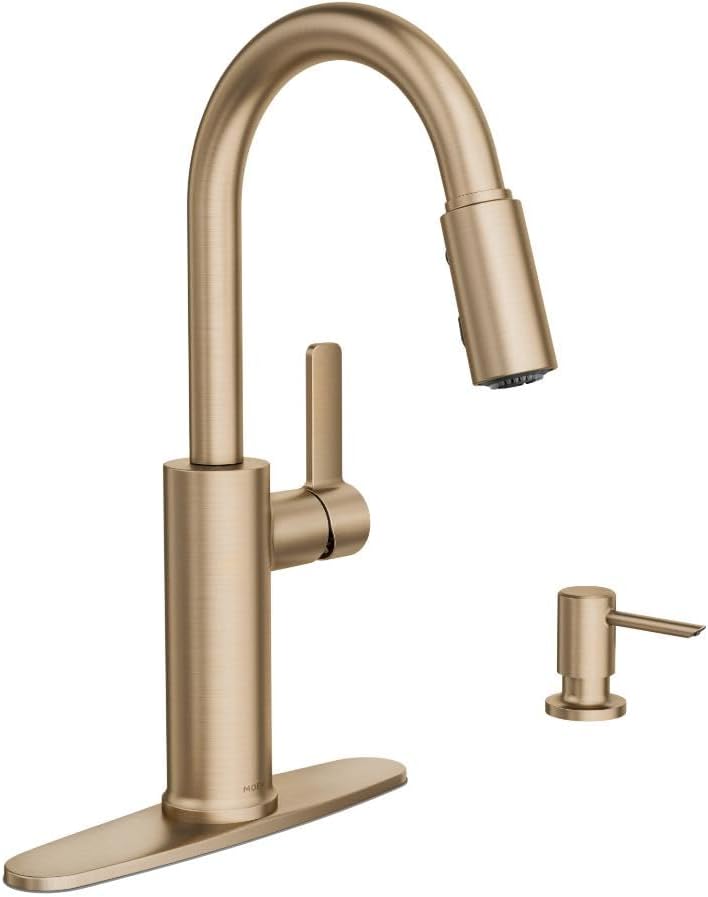 ഫ്രണ്ട് view of the Moen Durani Modern Single Handle Pull-Down Kitchen Faucet in Bronzed Gold finish, with a separate soap dispenser.