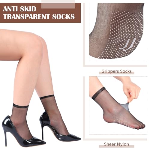 20 Pairs Women's Sheer Ankle Nylon Socks with Gripper Anti Skid Transparent Non Slip Pantyhose Socks Invisible Silk Ankle Anklets for Women2