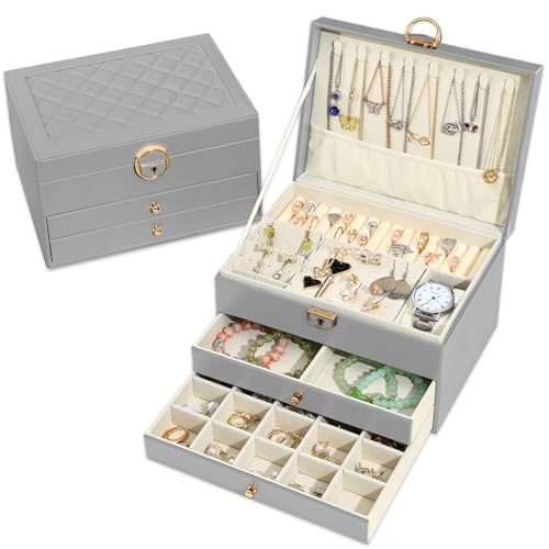 Granbest 3 Layers Jewellery Box with 2 Drawers, Elegant Jewellery Organiser, Leather Jewellery Storage Case Ideal for Necklaces, Bracelets, Rings and Earrings (Grey) - Cosy Home Interiors Granbest 3 Layers Jewellery Box with 2 Drawers, Elegant Jewellery Organiser, Leather Jewellery Storage Case Ideal for Necklaces, Bracelets, Rings and Earrings (Grey)