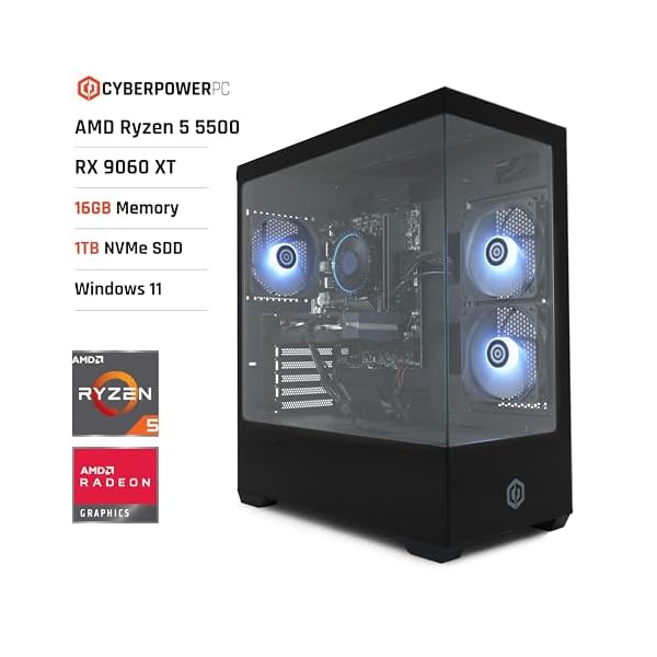 CyberPowerPC Wyvern Gaming PC - AMD Ryzen 5 5500, AMD Radeon RX 9060 XT 8GB, 16GB RAM, 1TB NVMe SSD, 650W 80+ PSU, Wi-Fi, Windows 11, Prism Panoramic RGB Black - Image 3