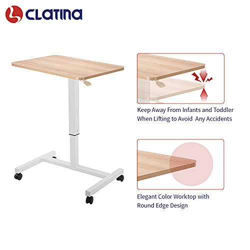 Image of CLATINA Mobile Standing Desk Adjustable Height, Portable Rolling Table on Lockable Wheels for Home Office Computer Workstation 28 inch x 19 inch Round Edge Design Elegant (White)