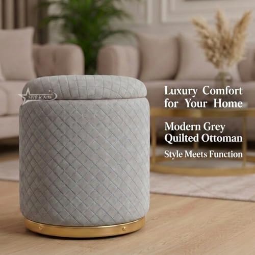 Image of Premium Round Storage Ottoman Stool 13 X 13X 16 inch, with Gold Metal Base | Luxury Pouffe with Hidden Storage | Cushioned Footrest for Living Room, Bedroom & Lounge Grey