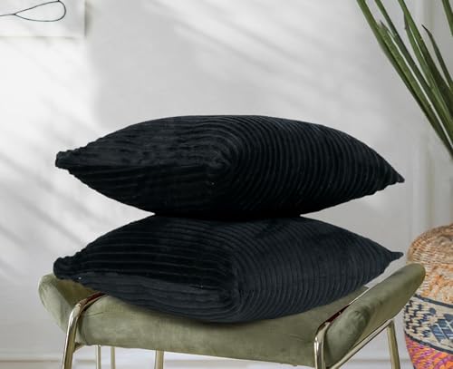 Image of RD TREND Cushion Cover Set of 2, Decorative Sofa Living Room Home Square Cushion Covers 16 Inch x 16 Inch, Aesthetic Corduroy Striped Double Sided (Black)