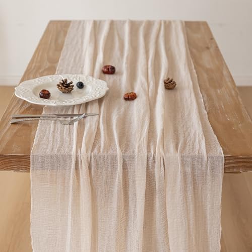 Image of Light Beige Cheesecloth Table Runner 120 Inches for Party Home Decorations | For Wedding Baby Shower Bridal Shower Birthday Engagement Party 10FT Rustic Boho Home Decor