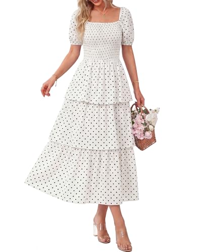 Image of BTFBM Womens Floral Smocked Summer Maxi Dresses | Square Neck Puff Short Sleeve Ruffle Tiered, 2026 Trendy Casual Sundress, Cruise Holiday Beach Vacation Wedding Guest Dress
