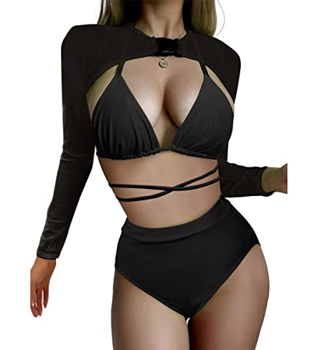 Rave Outfits for Women - Music Festival Neon Halter Set Sheer Mesh Long Sleeve Buckle Shrug Crop Top Bodysuit(Black,XS,10171a)