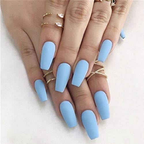 Taktik Blue Matte Coffin False Nails with Press on Sticker Full Coverage Acrylic Ballerina Fake Nails Reusable Daily for Women and and Girls 24 PCs