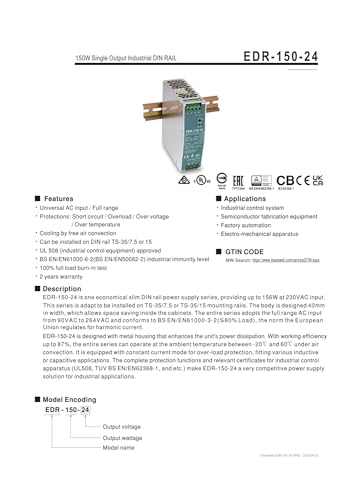 Alimentation à découpage EDR-150 ultra compacte 24 V 150 W à haut rendement