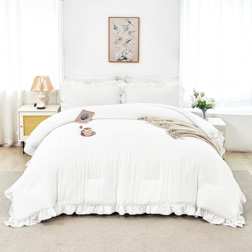 ANGIYUIN White Ruffle Comforter Set Twin 5 Pieces...