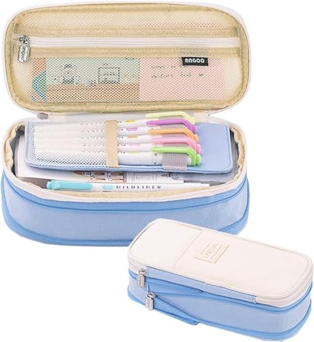 Image of Parshya Kawaii Pencil Case 2 Compartment Cute Pencil Pouch Aesthetic Pencil Case for Girls Large Capacity Pen Pencil Pouch Multifunctional Stationery Organizer for School Office (Spacial Blue)