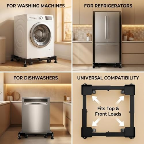 Image of TEKCOOL Washing Machine Stand /Trolley with Wheels (7-12 KG) | Adjustable Metal Stand & Anti-Vibration Pads Fits Semi or Front, Top Load Washing Machines, Fridge & Dishwasher, Black, 170 KG Capacity