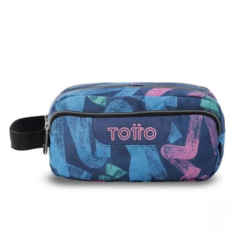 TOTTO - Estojo escolar 3 compartimentos, modelo Agapec, estojo grande, dimensões 23 x 11,5 x 10,5 cm, pega lateral, puxadores ergonómicos com PVC, tecido resistente, estampado Roomin azul