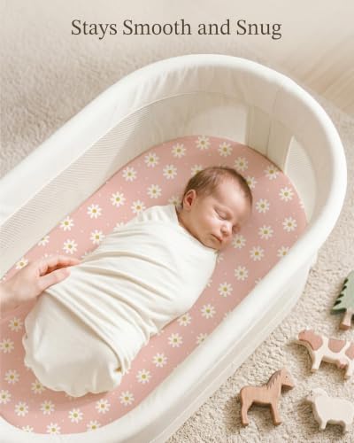 Image of Bassinet Sheets for Baby Girls Boys 2 Pack, Fitted Baby Mattress Sheet for Rectangle, Oval, Hourglass Bassinet Mattress, Breathable Cozy & Universal Fit (Rosy Days, Bassinet Sheet)