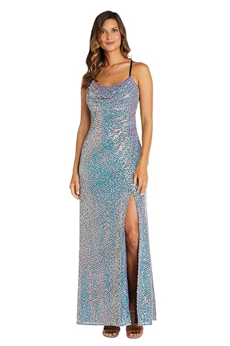 Image of Nightway Juniors' Long Sequin Cowl Neck Gown W /Cross-Back Spaghetti Straps & Side Slit - Prom Cocktail Party
