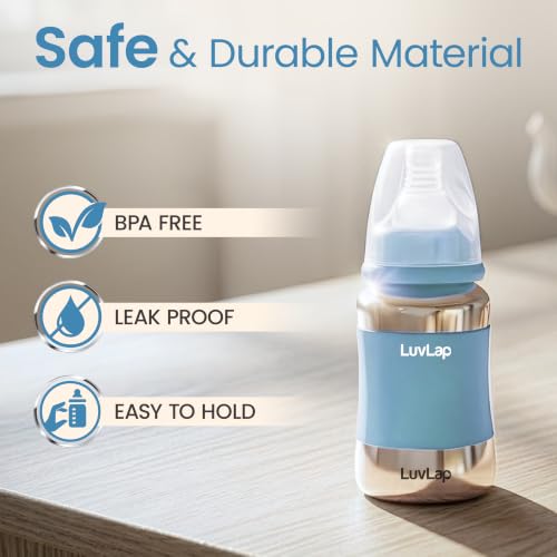 Image of LuvLap Baby Steel Feeding Bottle 140ml, Made of SS304 Rust Free Steel, Baby Milk /Water Bottle with Dust Cover, Heat Protective Silicone Cover, BPA Free, Odour Free, Leak Proof, Sky Blue, 0M+