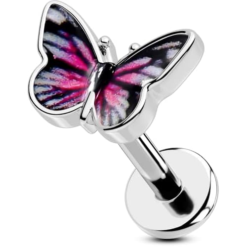 OUFER Butterfly Tragus Piercing Jewelry, 16G Flat Back Earrings Surgical Steel, Internal Thread Labret Lip Piercing Jewelry, 6MM Helix Cartilage Tragu