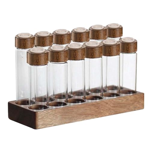 PETSOLA 12 Piezas Tubo de Almacenamiento de Café Botes Sellados de Vidrio Borosilicato Viales para Café en Grano Soporte de Madera para Presentación Adecuado, Tubo de válvula, Individual