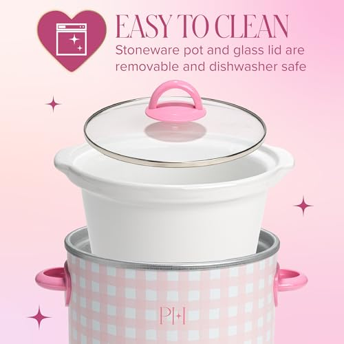 Image of Paris Hilton 3.5-Quart Manual Slow Cooker, Features Three Settings (Low, High, Warm), Naturally Nonstick and Dishwasher Safe Stoneware Insert, Family Sized Capacity, Gingham Pink