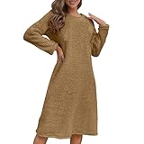 Sinzelimin Women's Flannel Nightgown Fashion Solid Color Long Sleeves Plush Nightdress Thickened Warm Pajamas Midi Dresses Khaki L
