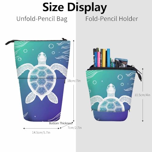 Image of Swono Turtle Pencil Pouch Marine Ocean Sea Aquatic Tortoise Line Art Style Stand Up Pencil Case Organizer Pencil Holder Makeup Bag Gift Aqua Blue