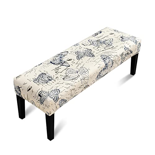 Liykimt Stretch Dining Bench Cover,Bench Slipcover Anti-Dust Removable Washable Upholstered Rectangle Bench Seat Protector Cover for Ding Room,Living Room,Bedroom,Kitchen(Beige/Butterfly)