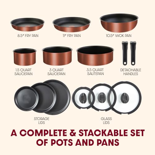Image of T-fal Ingenio Expertise Non Stick Cookware Set 14 Piece, Induction, Oven Broiler Safe 500F, Stackable, Pots and Pans, RV, Camping, Fry Pans, Dishwasher Safe, Detachable /Removable Handle, Copper