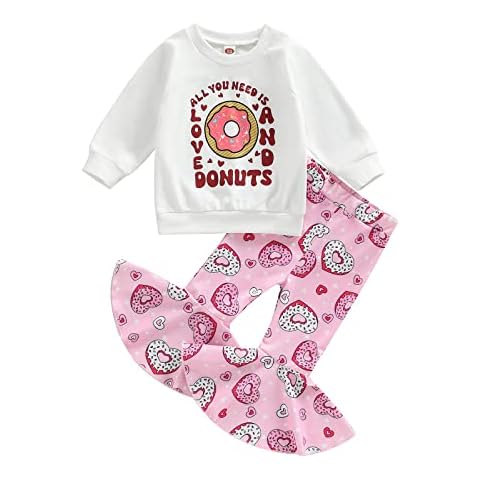 RSRZRCJ Toddler Little Girl Valentines Day Outfit Long Sleeve Love Letter/Heart Sweatshirt Top Flare Pants Set for Baby (Doughnut+Pink, 3-4 Years) Cover