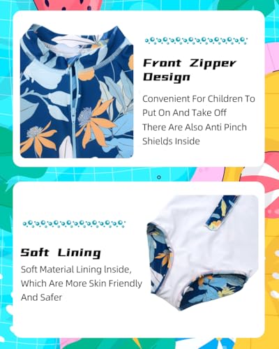 Image of Kids Girls Rash Guard Long Sleeve One Piece Swimsuits Zipper Bathing Suits UPF 50+ Tropical Plant Flowers Ages 3-12