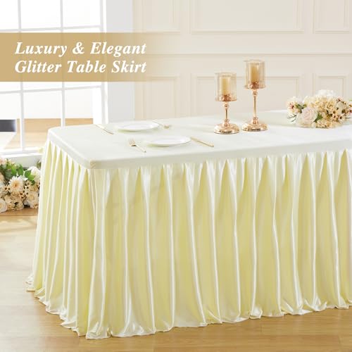 4ft Champagne Satin Tablecloths for Rectangle Tables - Shiny Spandex Party Table Cover with Pleated Table Skirt, No-Wrinkle & Glossy Wedding Tablecloth One-Piece for Birthday Baby Shower Banquets