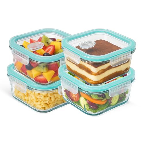 CHEFZOCO Fiambrera de Cristal cuadrado, Recipientes de Cristal para Alimentos, Cierre Hermeticos con Tapa, Reutilizables, Apto Lavavajillas y Microondas, Libre de BPA, Capacidad 1200 ml, Pack 4 uds