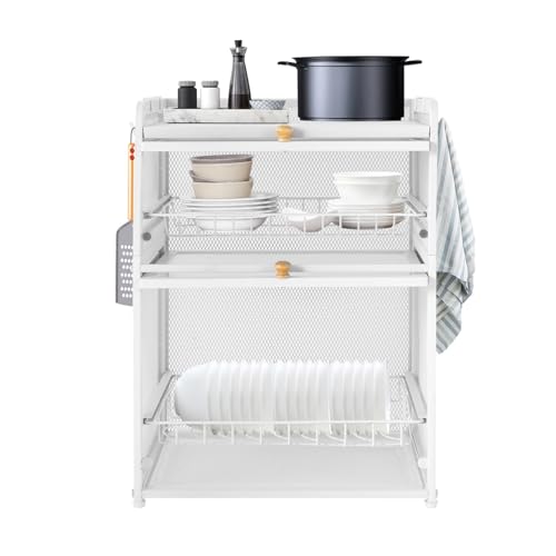 Kllkmmws Escurridor de platos de 3 niveles, organizador de platos moderno para el hogar, escurridor de cubiertos con tapa y bandeja de goteo desmontable, cesta de almacenamiento para soporte de