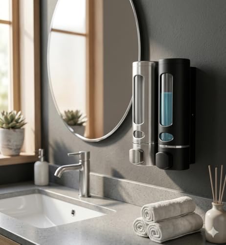 Image of ALTURAS Wall Mounted Liquid Soap Dispenser, ABS, 400 ML, for Shampoo, Sanitizer and Gel Handwash Dispenser (400 ML Black and Silver)