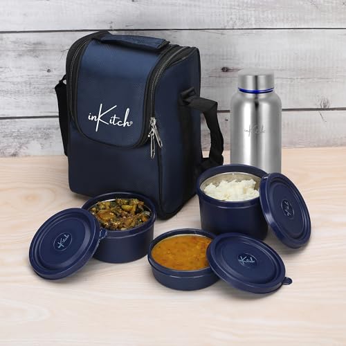 Image of Microwave Safe Lunch Box Set with Bag | 3 Stainless Steel Inner Containers & 1 Steel Bottle | Leakproof Tiffin Box for Office, College, School | Durable, Easy to Carry, Blue