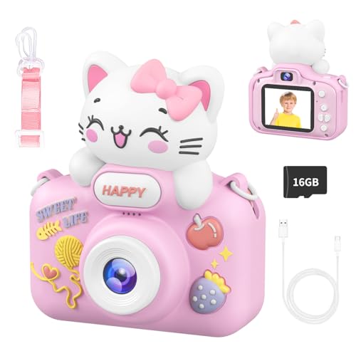 Kids Camera for 3-12 Year Old Girls Boys,Children Digital Camera Toys with Cute Pink Soft Shell, Best Chritmas Birthday Festival Gift for Kids - 16G SD Card Included