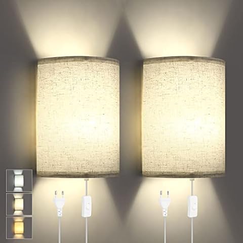 Lightess 2Pcs Dimmbare LED Wandleuchten mit Schalter, Plug in Wandlampe Modern Dimmbar, Beige Stoffschirm Cover