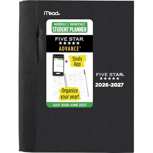 Image of Five Star Planner 2026-2027 Weekly & Monthly Academic 12-Month July-June Advance Student Planner + Study App, 5-1 /2 inch x 8-1 /2 inch, Black (CAW45905)
