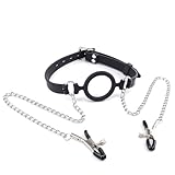 Silikon Sexspielzeug Offener Mund O-Ringe Sex Knebel mit Nippelklammern, BSM Beißknebel für Bondage Fesseln, Bondage Knebel für Sexspiele, O-Ringe Sex Knebel Maulkörbe (Schwarz-1)