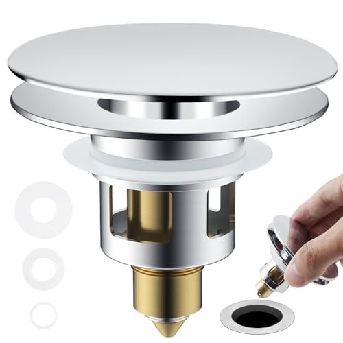 Image of Universal Bathroom Sink Drain Stopper Strainer, Big Cover, Chrome | 2 in 1 Pop Up Sink Stopper for 1.1''~2.36'' Sink Basin Hole, Hair Catcher with Removable Stainless Steel Filter Basket